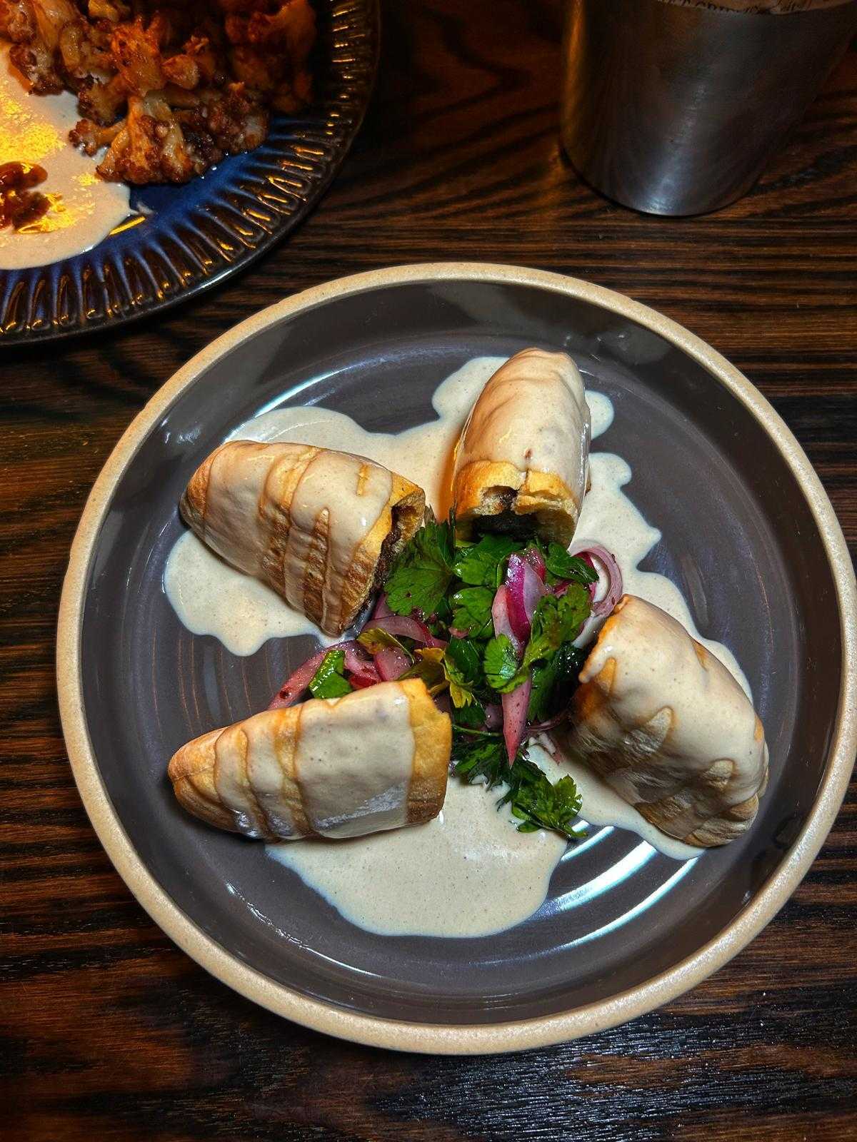 Lamb arayes with tahini